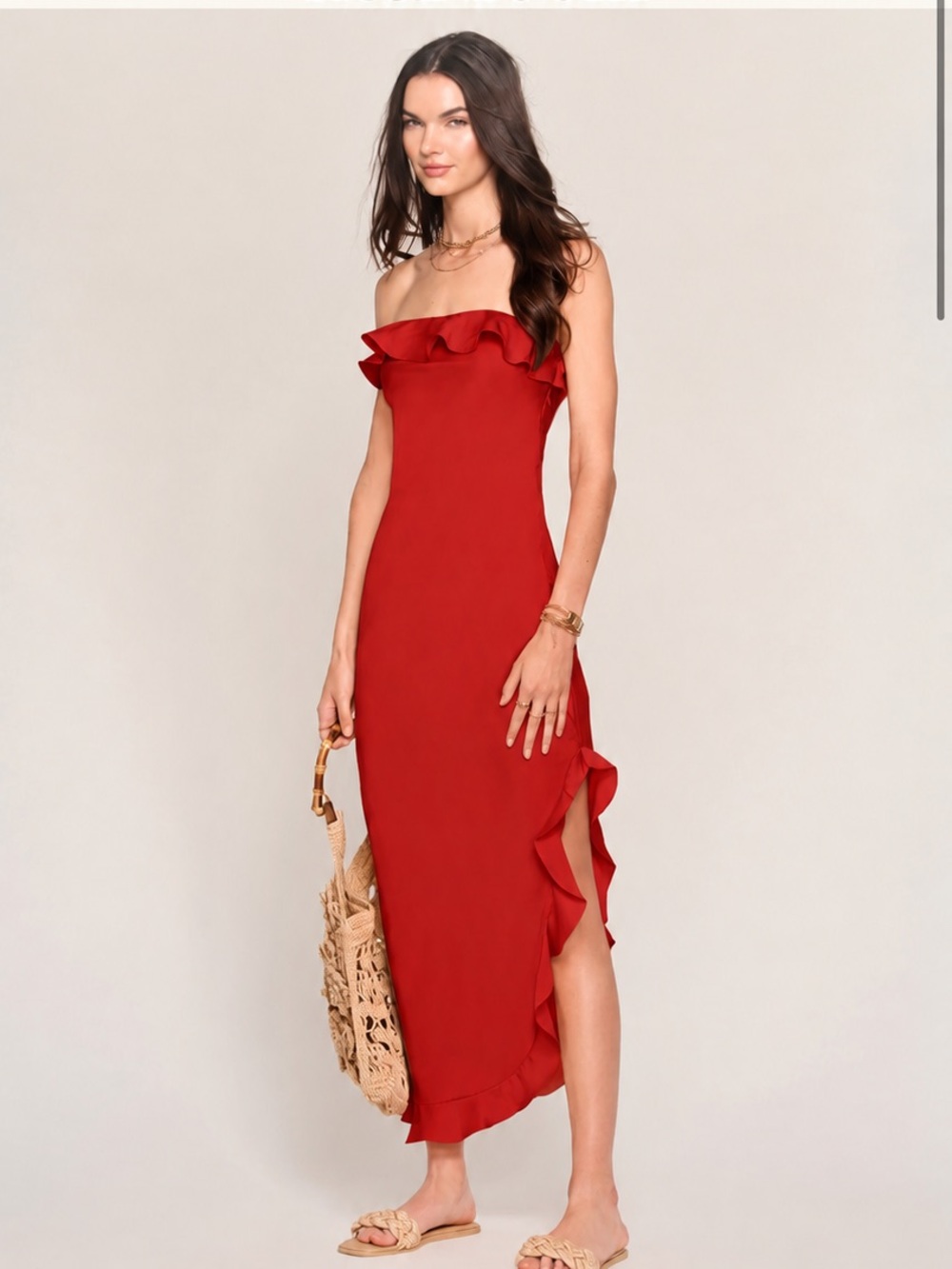 Heartloom Kylah Red Ruffle Strapless Midi Dress Size S